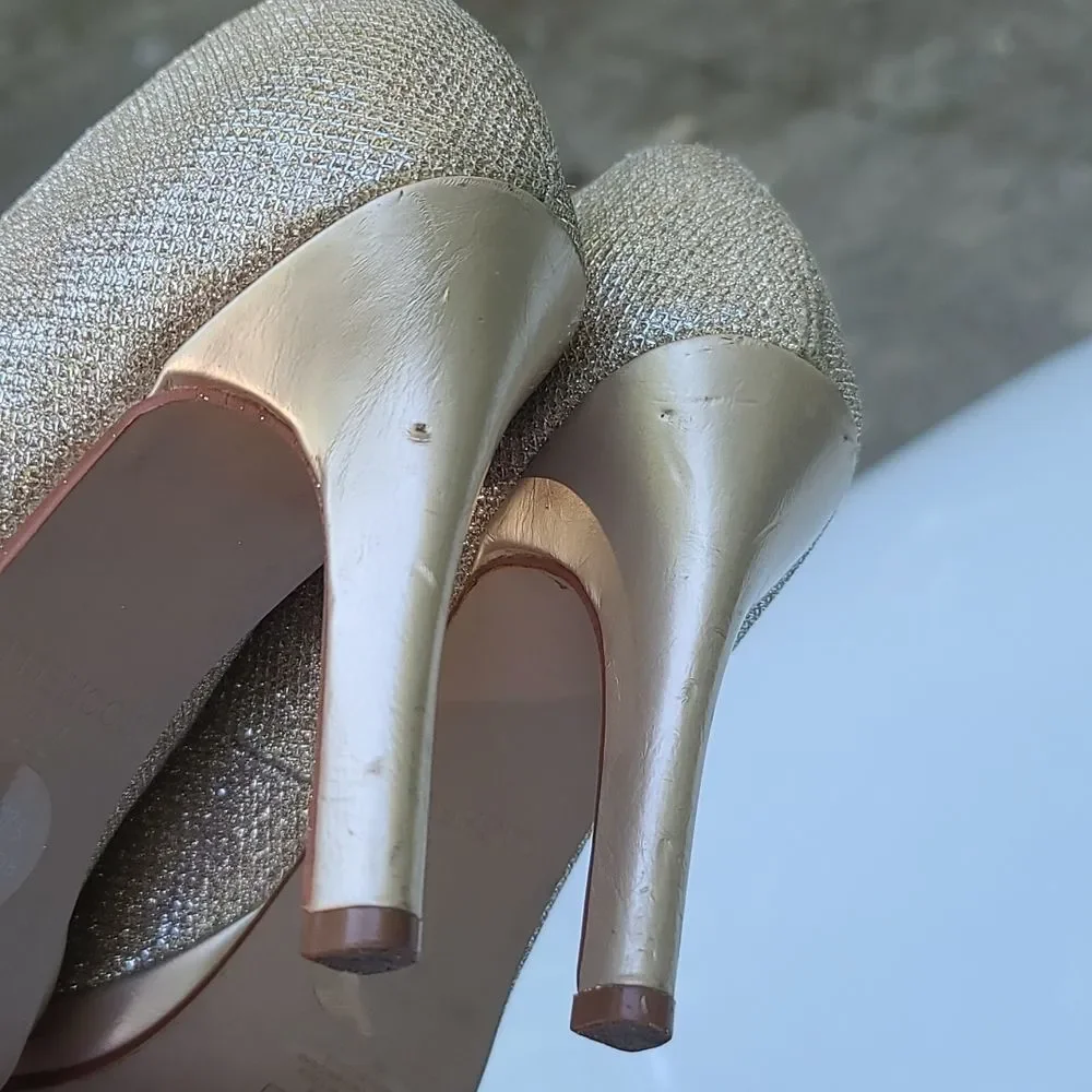 David's Bridal Gold Shimmering Open Toe Heels